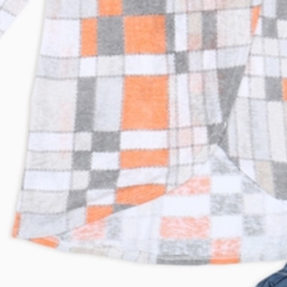 GRAY ORANGE TARTAN geo PRINT Mock KEYHOLE NECKLINE 3/4 SLEEVES tunic TOP, NEW! - Picture 3 of 5